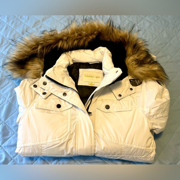Madden Gilr Jackets & Coats, Faux- Fur Hood Long Parka Coat White, size S. - Picture 6 of 7